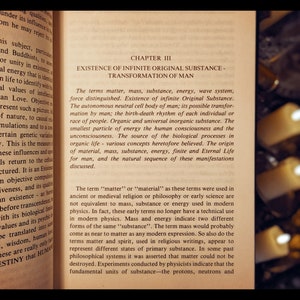 Puede incluir: Un primer plano de una p&aacute;gina de libro con el t&iacute;tulo "Existencia de la Sustancia Original Infinita - Transformaci&oacute;n del Hombre" y texto que discute los t&eacute;rminos materia, masa, sustancia, energ&iacute;a y sistema de ondas. El texto tambi&eacute;n discute el concepto de un cuerpo celular neutro aut&oacute;nomo del hombre y su posible transformaci&oacute;n.
