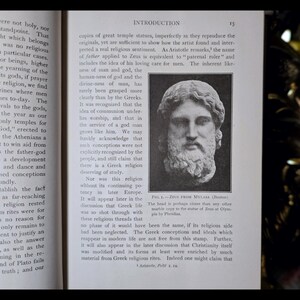 May include: A black and white image of a bust of Zeus from Mylaea. The text below the image reads "Fig. 6. - Zeus from Mylaea (British Museum). The head is perhaps closer than any other marble copy to the statue of Zeus at Olympia by Pheidias."