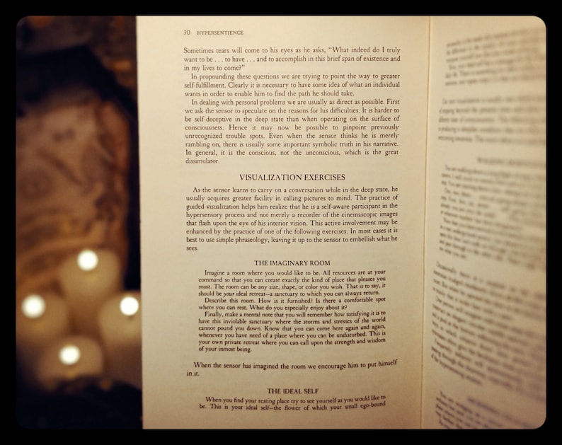 May include: A page from a book about hyper-intuition and visualization exercises. The text discusses the importance of self-awareness and the ability to create a mental image of a room where you can escape to. The text also mentions the importance of finding your ideal self.