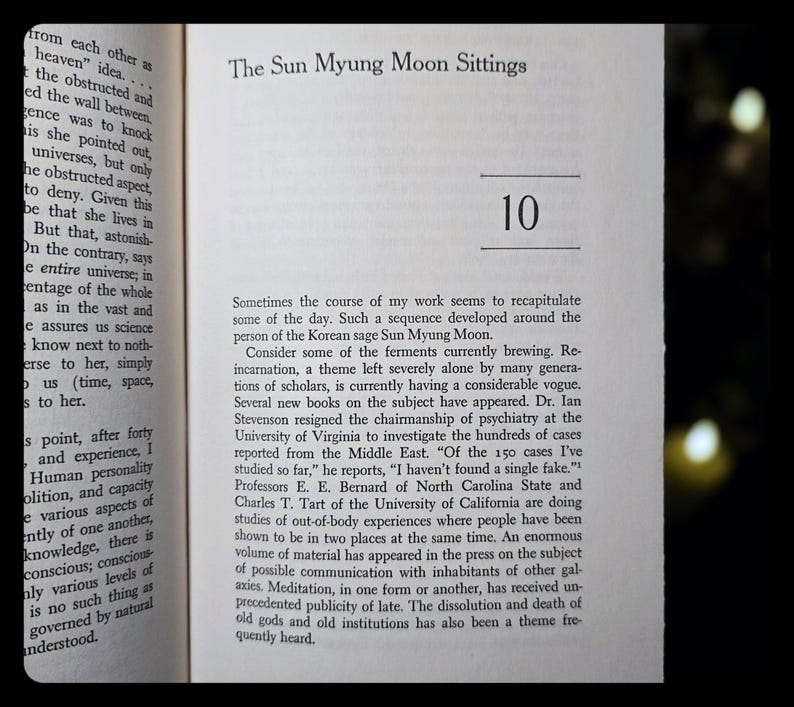 May include: Open book page with text titled "The Sun Myung Moon Sittings" and the number "10". The text discusses reincarnation, out-of-body experiences, and meditation. The page is yellowed with age.