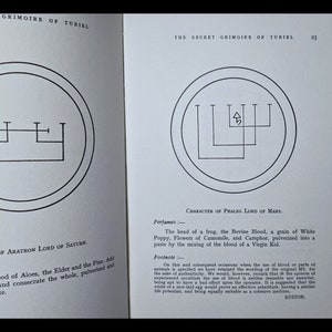 May include: Two pages from a book titled "The Secret Grimoire of Turiel." The pages contain black and white illustrations of geometric symbols within circles. The text on the pages describes the "Character of Arathon Lord of Satur" and the "Character of Phaleg Lord of Mars." The text includes instructions for preparing perfumes for each character.