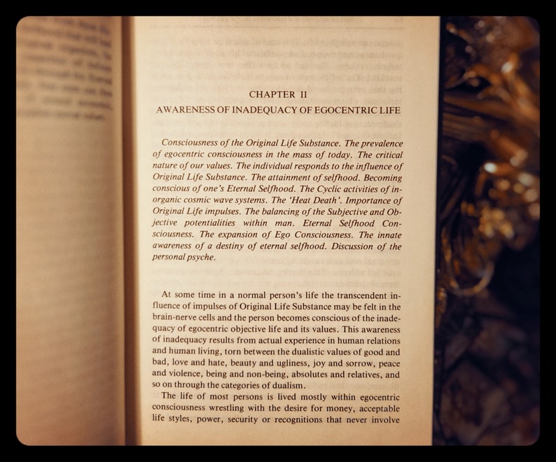 Puede incluir: Una p&aacute;gina de libro con el t&iacute;tulo "Conciencia de la Inadecuaci&oacute;n de la Vida Egoc&eacute;ntrica" y texto sobre el concepto de Sustancia de Vida Original y su influencia en la conciencia humana. El texto discute la importancia de equilibrar las potencialidades subjetivas y objetivas dentro de una persona.