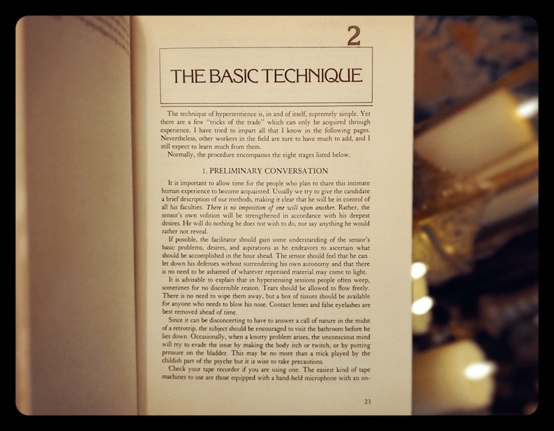 May include: A page from a book titled "The Basic Technique" with a black and white image of text. The text discusses the technique of hypersentience and the eight stages involved in the process.