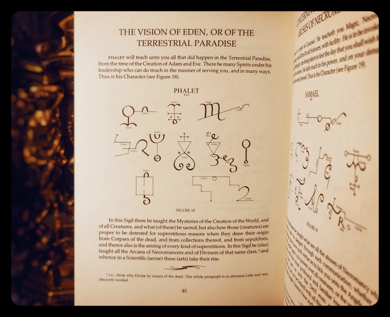 K&ouml;nnte beinhalten: Eine Seite aus einem Buch &uuml;ber die Vision von Eden und das irdische Paradies. Die Seite zeigt ein Diagramm eines Siegels mit dem Text "Phalet" und "Abbildung 18" darunter. Das Siegel ist ein komplexes Design aus geometrischen Formen und Symbolen.