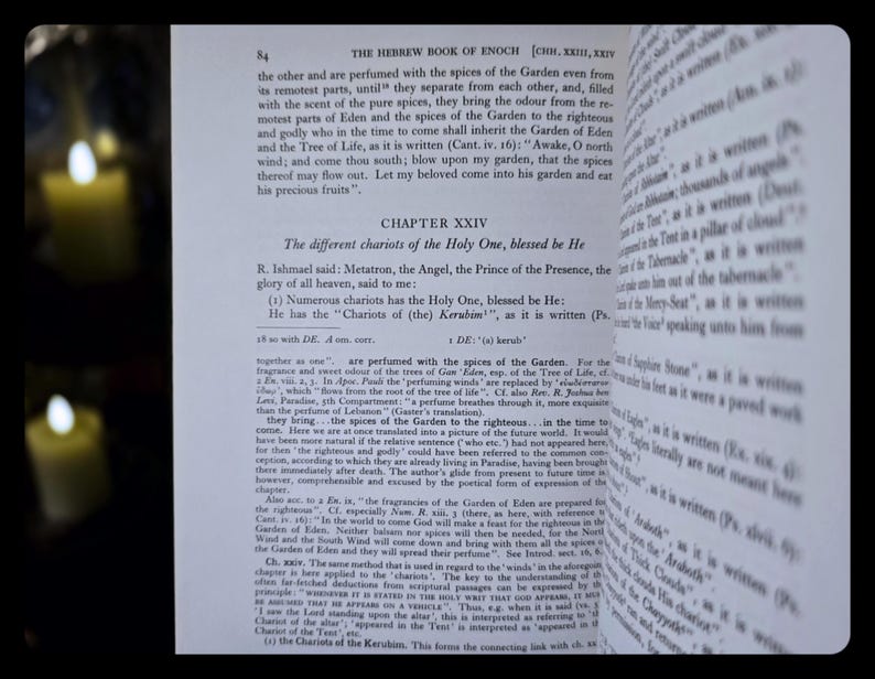 May include: An open book with text from "The Hebrew Book of Enoch" and Chapter XXIV. The pages are yellowed, with black text. Two lit candles are in the background, with a blurred focus.
