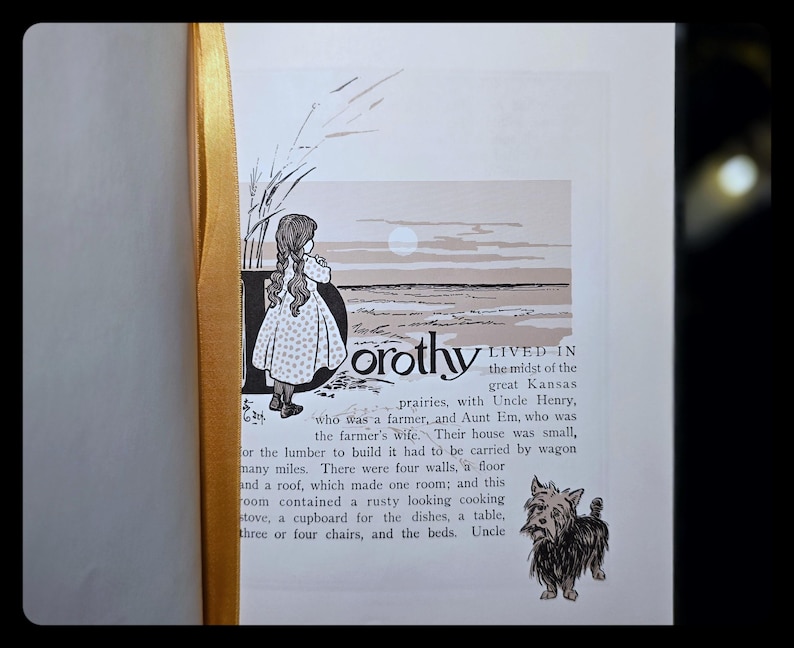 Puede incluir: Libro abierto con una cinta dorada como marcap&aacute;ginas. La p&aacute;gina presenta una ilustraci&oacute;n de una ni&ntilde;a llamada Dorothy, de pie en una pradera, con texto de una historia. Tambi&eacute;n hay una peque&ntilde;a ilustraci&oacute;n de un perro.