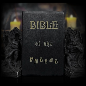 May include: A black rectangular book with a textured cover featuring the gold-coloured text BIBLE of the UNDEAD printed on the front. The book is positioned between two dark grey gargoyle statues that are seated in a crouching pose.