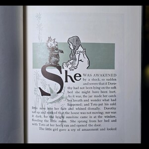 Puede incluir: P&aacute;gina de libro abierto con una ilustraci&oacute;n de un cuento infantil. La imagen presenta una gran letra "S" con un dibujo de una ni&ntilde;a y una criatura parecida a un perro. El texto dice "She was awakened..."