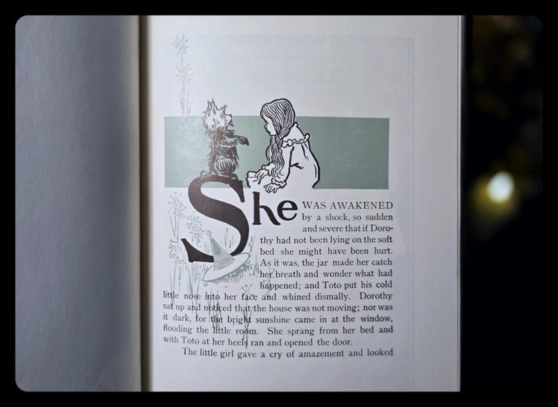 Puede incluir: P&aacute;gina de libro abierto con una ilustraci&oacute;n de un cuento infantil. La imagen presenta una gran letra "S" con un dibujo de una ni&ntilde;a y una criatura parecida a un perro. El texto dice "She was awakened..."