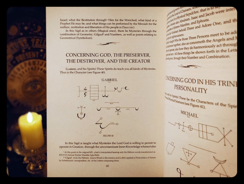 K&ouml;nnte beinhalten: Eine Seite aus einem Buch &uuml;ber die Bewahrung, Zerst&ouml;rung und Sch&ouml;pfung Gottes. Die Seite zeigt ein Diagramm des Charakters Gabriel und seiner Geister, mit dem Text "Concerning God, the Preserver, the Destroyer, and the Creator (Gabriel and his Spirits) These Spirits do teach you all kinds of Mysteries. Thus is the Character (see Figure 40)."