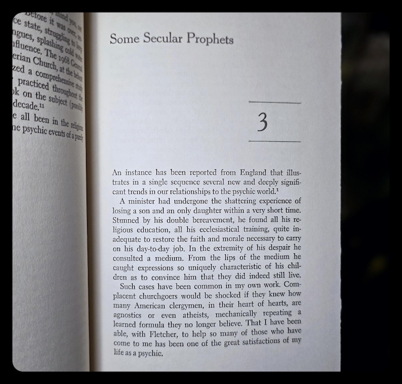 May include: Open book page with the title "Some Secular Prophets" and the number "3" in a serif font. The text discusses psychic phenomena and religious figures. The page is slightly yellowed.