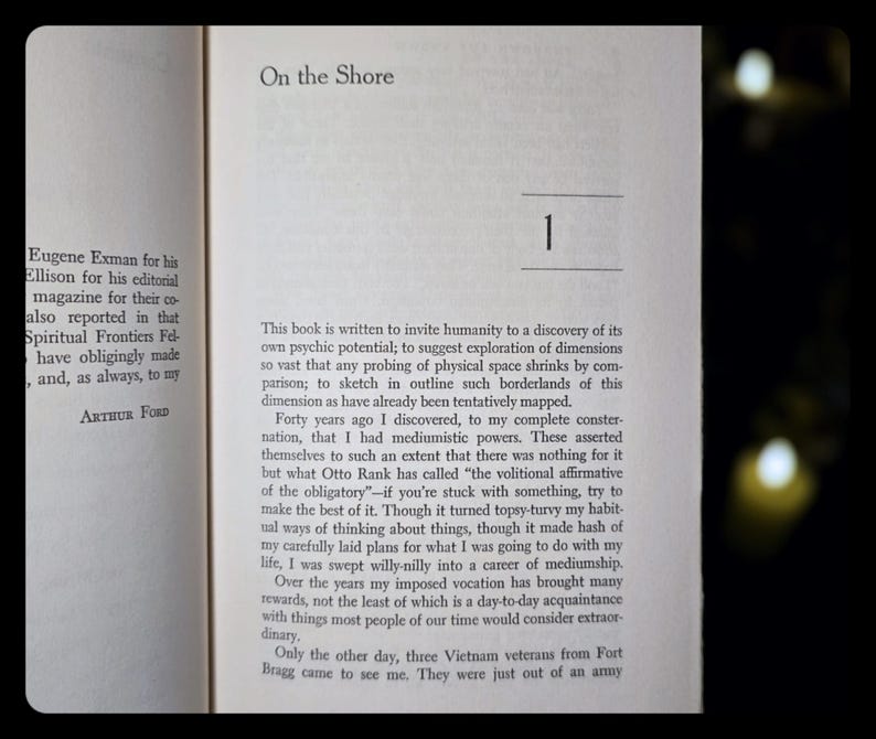 May include: Open book pages with text. The title "On the Shore" is at the top, with the number "1" below it. The text includes the author's name, Arthur Ford, and the beginning of a chapter.