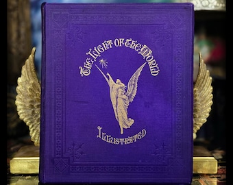 May include: A purple hardcover book titled The Light of the World Illustrated, featuring a gold embossed illustration of an angel with wings reaching toward a star on the front cover, framed by decorative gold border patterns.