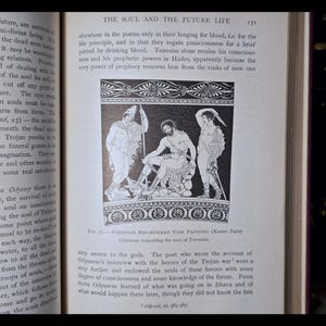 May include: Black and white illustration of a Greek vase painting depicting three figures. The figures are standing in a landscape setting. The vase is decorated with a geometric pattern.