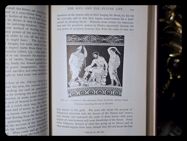 May include: Black and white illustration of a Greek vase painting depicting three figures. The figures are standing in a landscape setting. The vase is decorated with a geometric pattern.