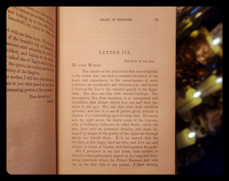 May include: A page from a book titled "Israel in Bondage" with the text "Letter III. The City of the Sun." The text describes the climate of the land of the Sun as delightful and the sky as blue with eternal sunshine.