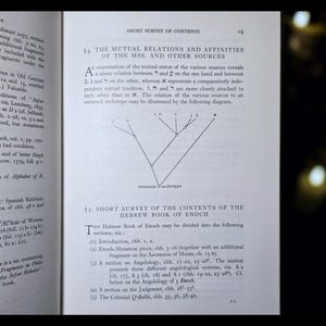 May include: An open book page with text and a diagram. The text includes "SHORT SURVEY OF CONTENTS" and "THE MUTUAL RELATIONS AND AFFINITIES OF THE MSS. AND OTHER SOURCES." A diagram illustrates relationships between sources. The page is from a scholarly text.