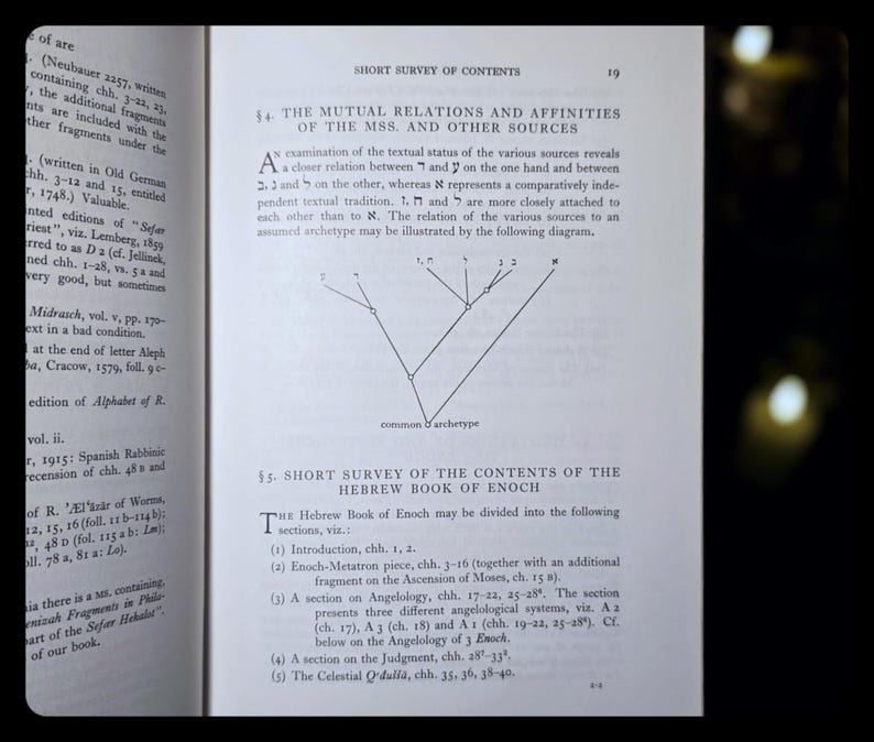 May include: An open book page with text and a diagram. The text includes "SHORT SURVEY OF CONTENTS" and "THE MUTUAL RELATIONS AND AFFINITIES OF THE MSS. AND OTHER SOURCES." A diagram illustrates relationships between sources. The page is from a scholarly text.