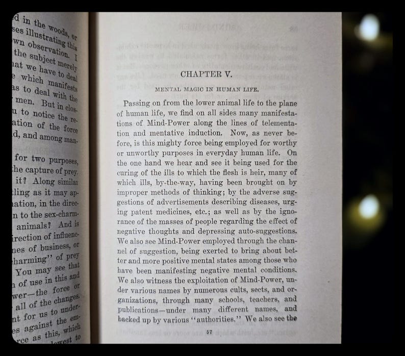 May include: Open book with text on aged paper. The page displays the title "CHAPTER V. MENTAL MAGIC IN HUMAN LIFE." The text discusses mind-power and its applications in human life, with the number 57 at the bottom of the page.