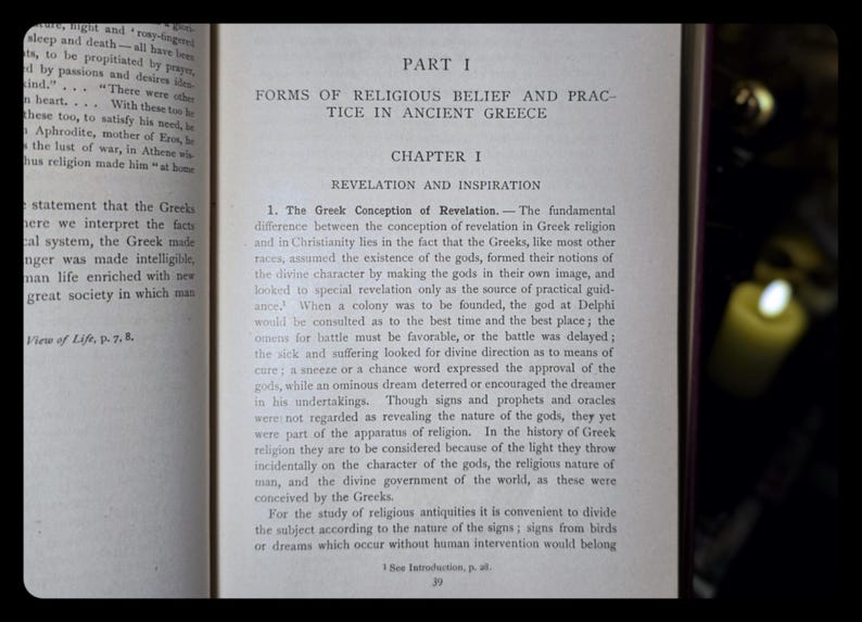 May include: A close-up of a page from a book titled "Forms of Religious Belief and Practice in Ancient Greece." The page discusses the Greek conception of revelation and how it differs from the Christian conception. The text is printed in black ink on white paper.
