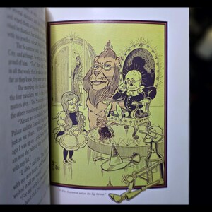 Puede incluir: Ilustraci&oacute;n de un libro con personajes de El Mago de Oz. Dorothy, el Le&oacute;n, el Espantap&aacute;jaros y el Hombre de Hojalata se representan en una escena con el Mago. La imagen est&aacute; en tonos de verde, amarillo y negro.
