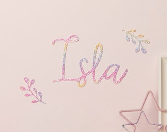 Rainbow decal Chunky Glitter name with leaves®- Rainbow wall stickers - Personalised Wall Stickers - Glitter Name Sign - Door Name nursery