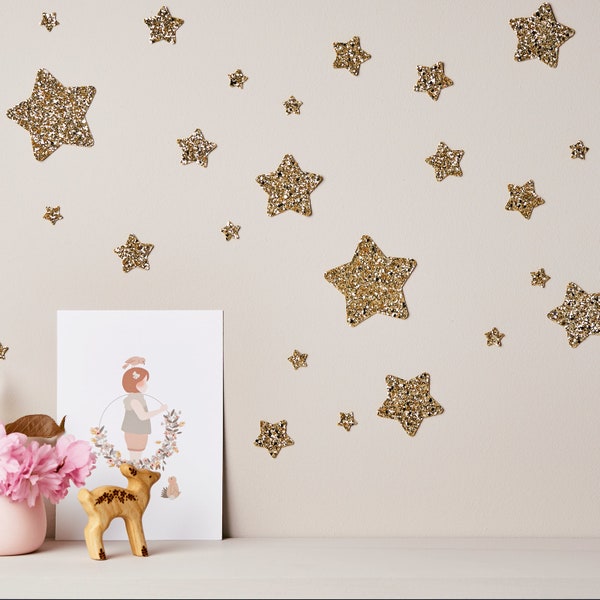 Gold Glitter Star Wall Stickers® - décalcomanies étoiles à paillettes épaisses - décalcomanies de décoration de pépinière sans perte - bâton et pelage - Peut être repositionné