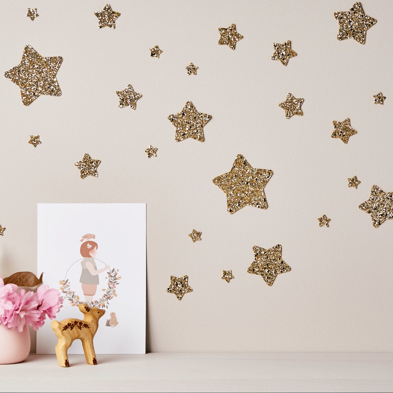 Gold Glitter Star Wall Stickers® chunky glitter star decals non-shed nursery decor decals stick and peel Can be repositioned image 1