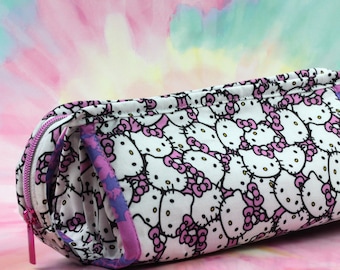 Kawaii Kitty Roll Up Pouch - Handmade Makeup Roll - Toiletry Bag - Art Supplies Roll - Pencil Pouch