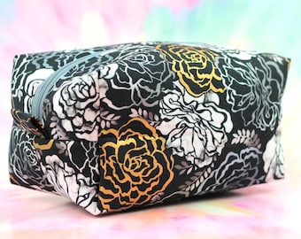 Black and Gold flowers Box Bag, Zipper Bag - Ready To Ship