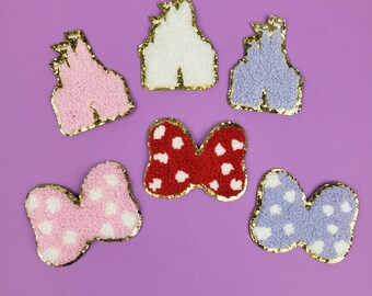 Chenille Glitter Iron On Patches Castles Mouse Bows Pastel and Gold