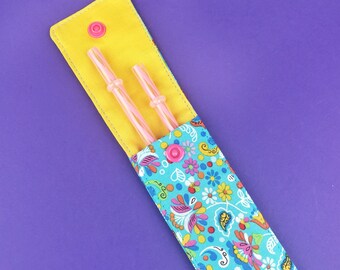 Floral Blue Straw Pouch - 2 Straws Included