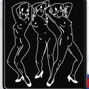 May include: Black patch with a white outline of three stylized female figures in a dancing pose. The patch is 4 inches wide and 4.5 inches high. The text "Form Request 30049..." is at the top.