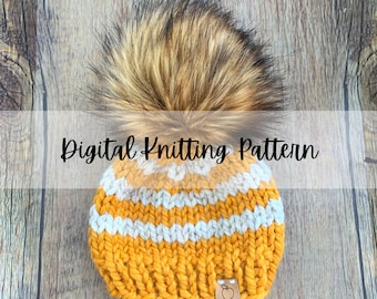 PATTERN - Dominion Beanie - Adult Striped Beanie Pattern - Bulky Knit Hat Pattern - Knit Hat Pattern for Beginners - Chunky Knit Pattern
