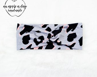 Pink Gray Leopard Print Headband - Bamboo Headband - Spa Day Headband - Gift for Friend