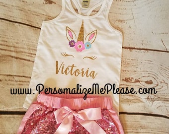 Unicorn Birthday Outfit, Unicorn Tank Top, Pink and Gold Baby Girl Birthday Outfit, Unicorn Tank Top , Pink Sparkle Sequin Shorts