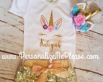 Unicorn Birthday Outfit, Unicorn Birthday Shirt , Pink and Gold Baby Girl Birthday Outfit, , Gold Sparkle Sequin Shorts