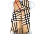 Taupe Plaid Pashmina Shawl Elegant Fringed Muffler Scarf Warm Winter Gift idea Unisex