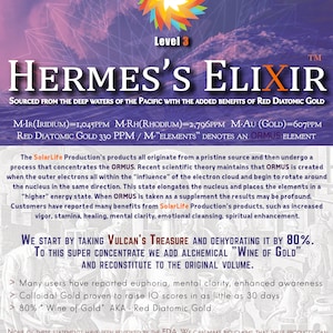 Puede incluir: Gr&aacute;fico promocional de "Hermes's Elixir" con texto y un dise&ntilde;o de explosi&oacute;n de color. El texto destaca el origen del producto de las profundidades del Pac&iacute;fico y la adici&oacute;n de Oro Diat&oacute;mico Rojo. Texto adicional detalla el proceso y los posibles beneficios.