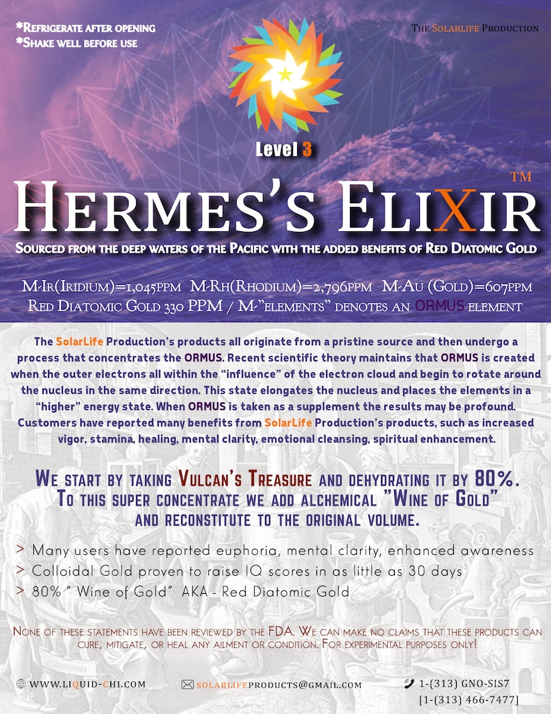 Puede incluir: Gr&aacute;fico promocional de "Hermes's Elixir" con texto y un dise&ntilde;o de explosi&oacute;n de color. El texto destaca el origen del producto de las profundidades del Pac&iacute;fico y la adici&oacute;n de Oro Diat&oacute;mico Rojo. Texto adicional detalla el proceso y los posibles beneficios.