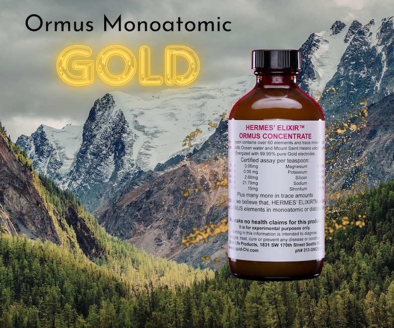Puede incluir: Una botella de vidrio marr&oacute;n con tapa negra, etiquetada "HERMES' ELIXIR ORMUS CONCENTRATE", sobre un fondo de cordillera y bosque. El texto "Ormus Monoatomic GOLD" est&aacute; en la parte superior.
