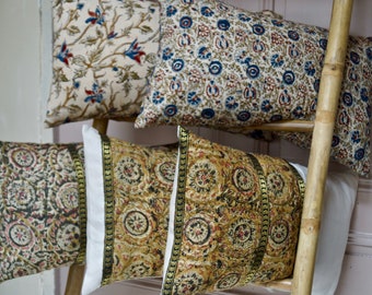 Indian cotton cushion cover with kalamkari patterns several models available all unique in ochre colors Golconda series