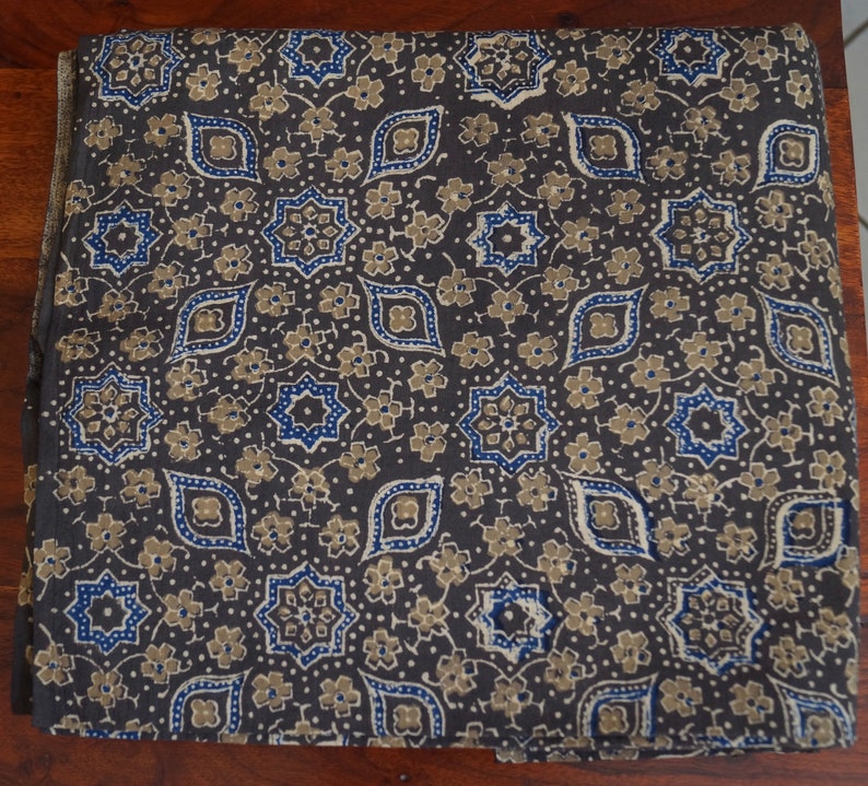 Sold by the meter. Indigo Colour brown-green Indian cotton Khaki Ajrak black Traditional print in the blockprint beige