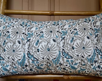 Indian cotton cushion cover, block print, several colors available with matching pompoms, Summer series