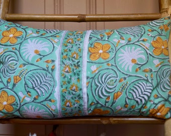 Indian cotton cushion cover, block print, with summer colors and matching pompoms, available in several colors