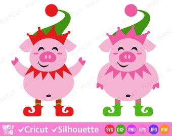Christmas Elf Svg Pig Clip art Christmas Svg files Pink Piglet Elf legs in shoes Elf hat for Cricut Silhouette svg design download dxf png