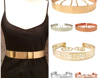 Womens Metal Waist Belt Mirror Wide Gold Silver Full Plate Waistband Chains