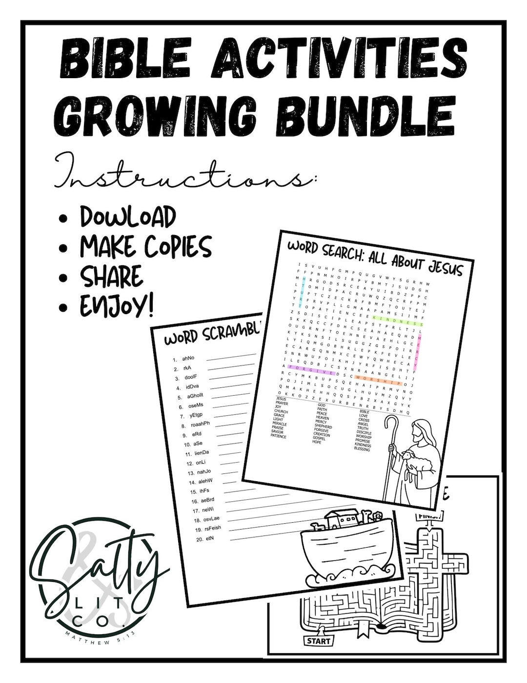 Christian Kids Activity Bundle Printable | Bible Coloring Pages, Word