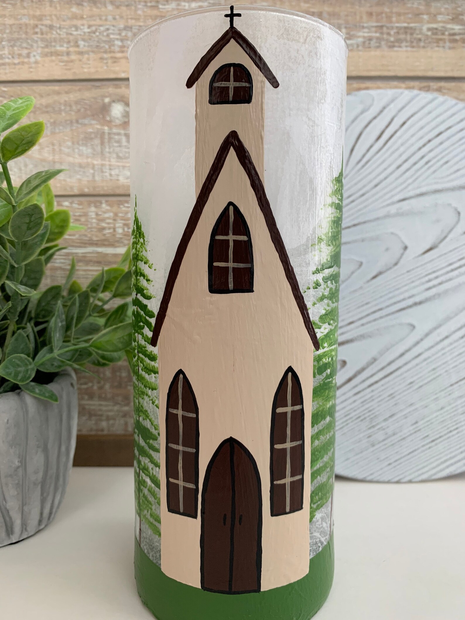 Church Painting Flower Vase / Lighted Glass Vase / Religious Etsy