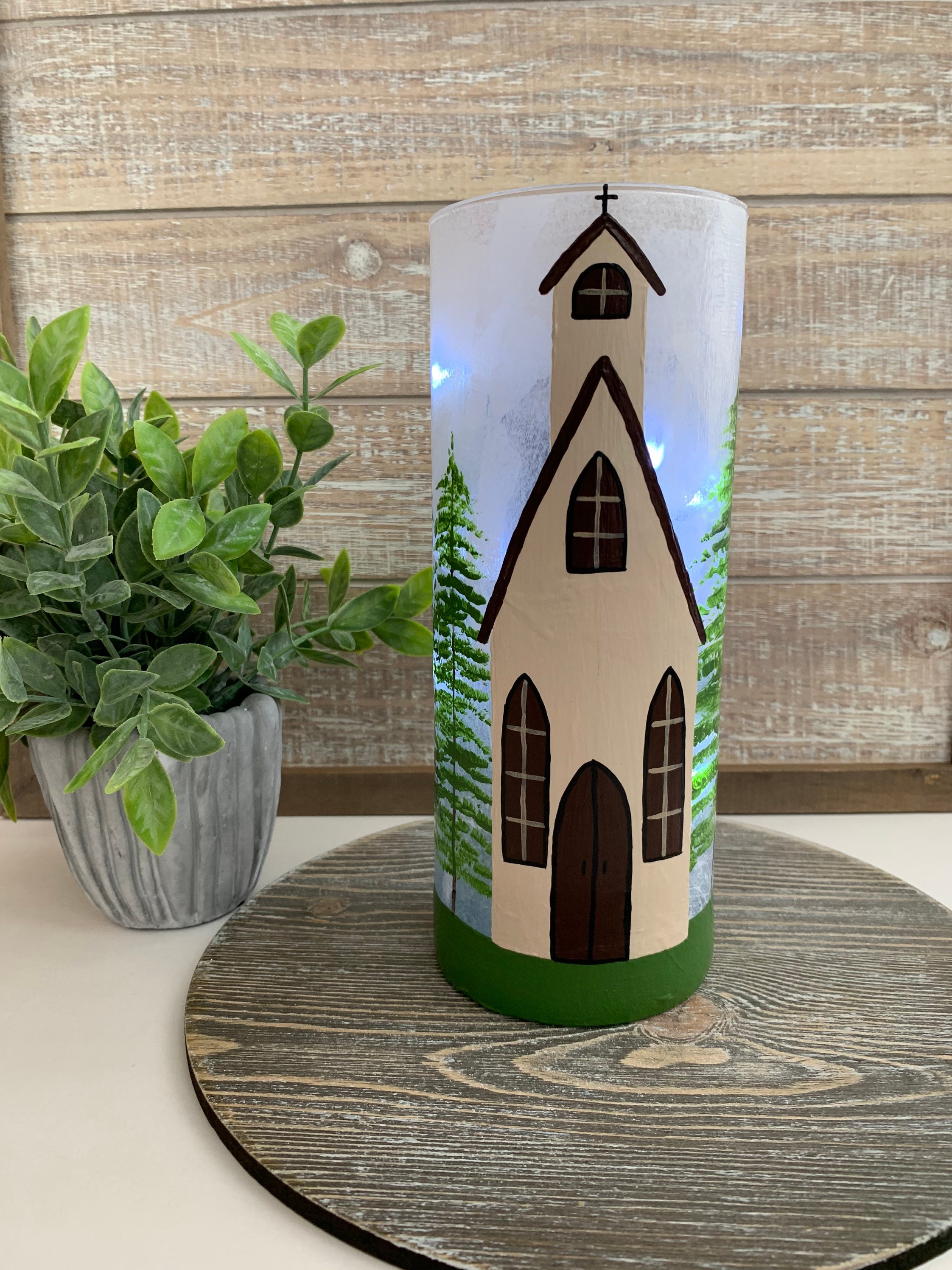 Church Painting Flower Vase / Lighted Glass Vase / Religious Etsy
